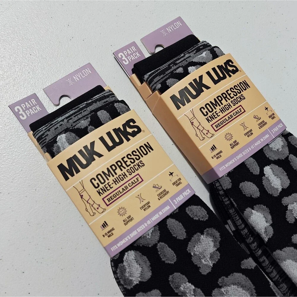 NEW Muk Luks Compression Socks 6 Pairs Knee-High Women 6-10 Black Leopard Nylon